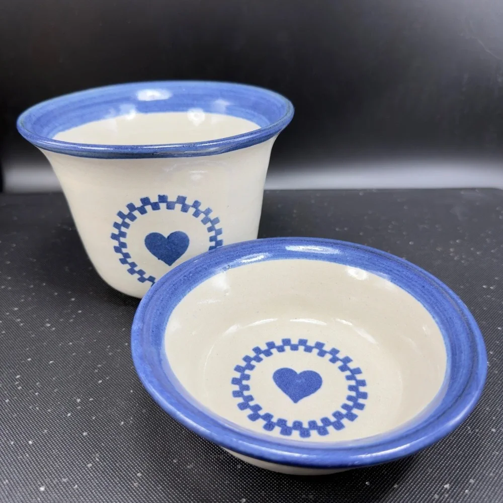Brinker‎ Pots Dip Crock Set Blue Heart Stoneware Pottery Kansas City 2000s 2pc